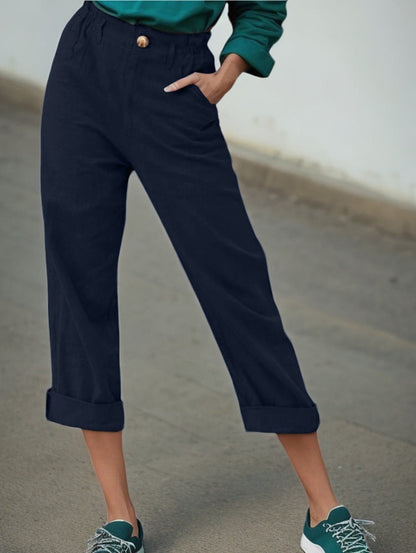 Women's Elegant Linen Trousers with Wide Leg and Turn-Up Hem NOVAE