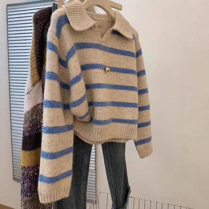 Women's V-neck knit sweater with textured stripe pattern NOVAE