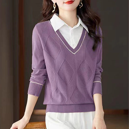 Women's knitted pullover with v-neck and textured diamond pattern NOVAE