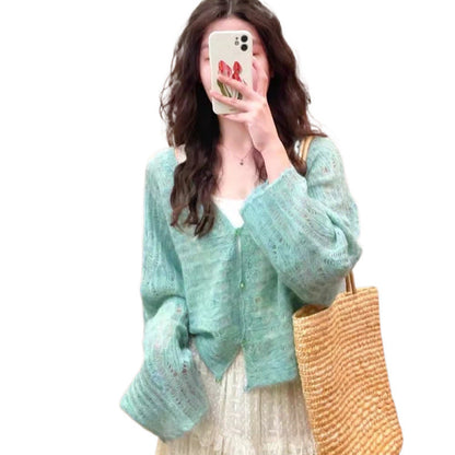 Women's airy knit cardigan with fine openwork pattern and wide cut NOVAE