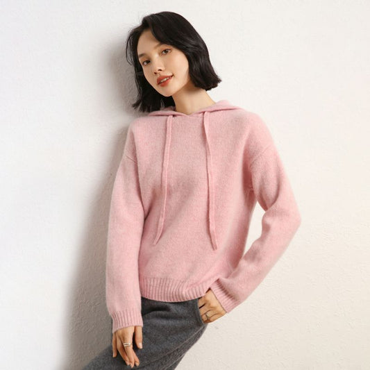 Women's casual knit sweater with hood and finely textured surface NOVAE