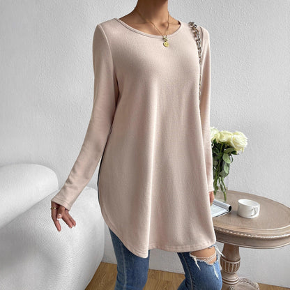 Women's casual long-sleeved T-shirt with asymmetrical hem and comfortable round neckline NOVAE