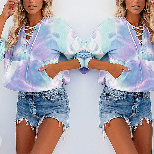 Women's cropped hoodie in a creative tie-dye design with lacing NOVAE