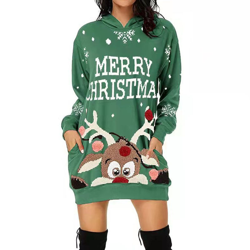 Women's Christmas Hoodie Dress with Hood and Pockets NOVAE