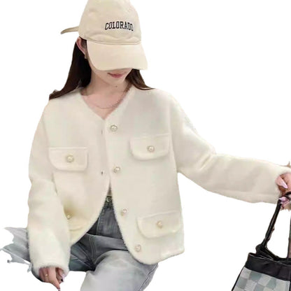 Women's Fluffy Cardigan with Decorative Button Details and Practical Pockets NOVAE