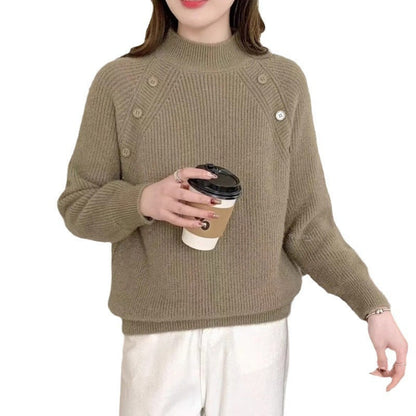 Women's chunky knit sweater with modern stand-up collar and button details NOVAE