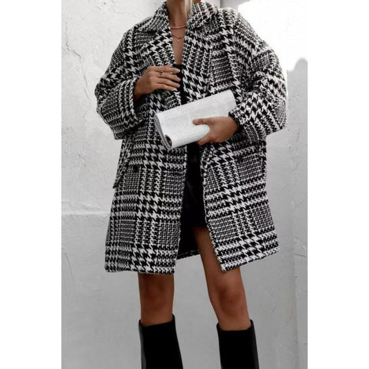 Women's Oversized Wool Coat with Check Pattern and High Collar NOVAE