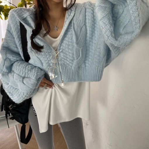 Women's Short Knit Sweater with Cable Pattern and Hood NOVAE