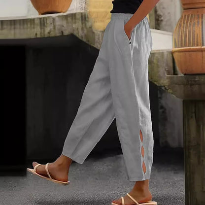 Women's lightweight linen trousers with side slits and elasticated waistband NOVAE