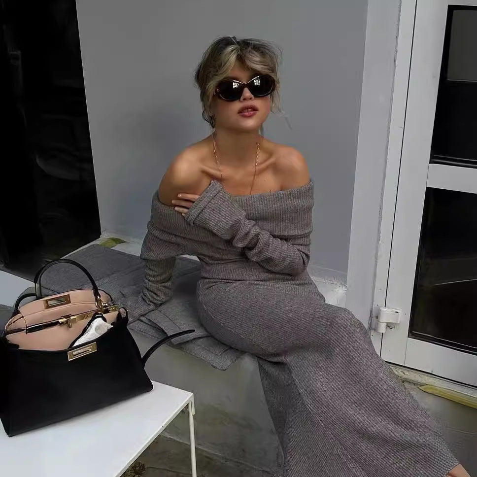 Women's Elegant Knit Maxi Dress with Off-Shoulder Neckline and Figure-Hugging Cut NOVAE