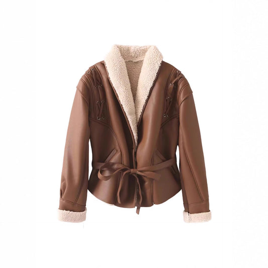 Women's trendy faux leather jacket with fluffy lining and tie belt NOVAE