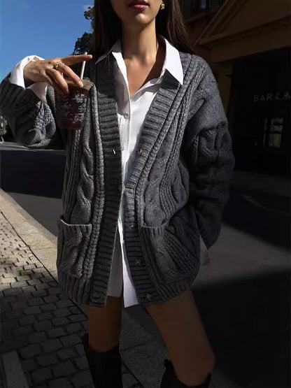 Women's knitted cardigan with deep V-neck and textured cable pattern NOVAE