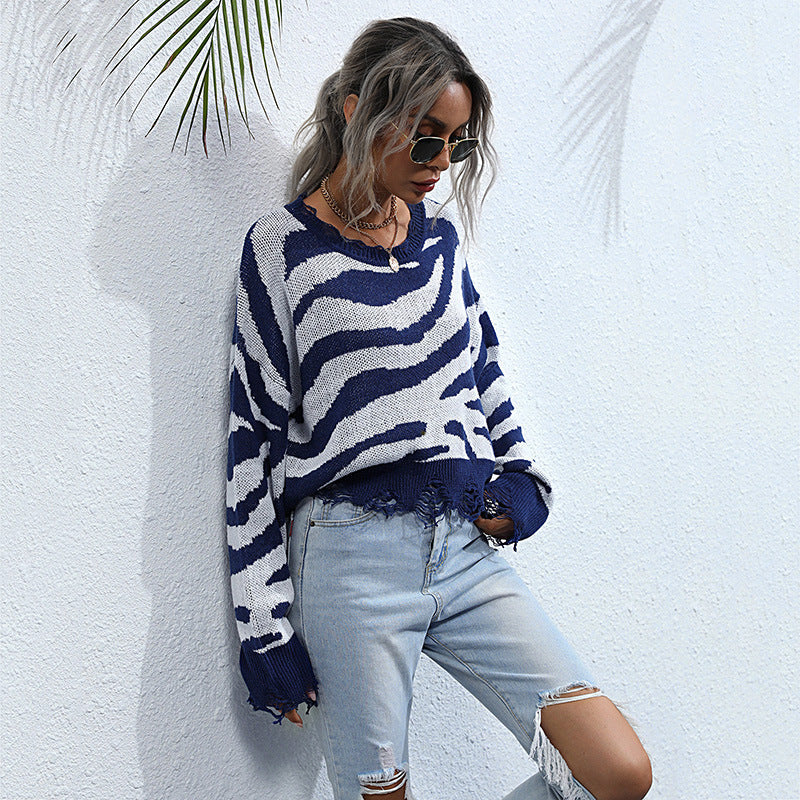 Women's oversized knit sweater with a modern zebra design and a relaxed fit NOVAE