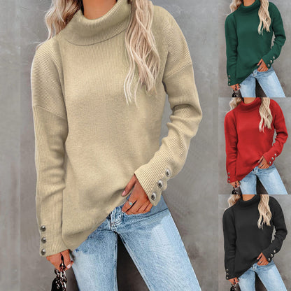 Women's chunky knit turtleneck sweater with button detail NOVAE