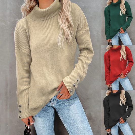 Women's chunky knit turtleneck sweater with button detail NOVAE