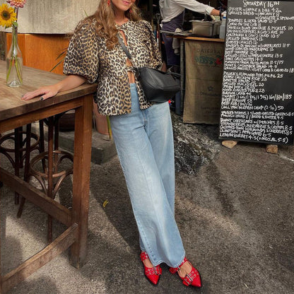 Women's lightweight short-sleeved leopard print top with intricate details NOVAE