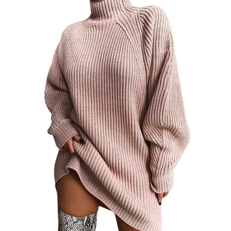 Women's sweater dress with high collar and textured knit pattern NOVAE