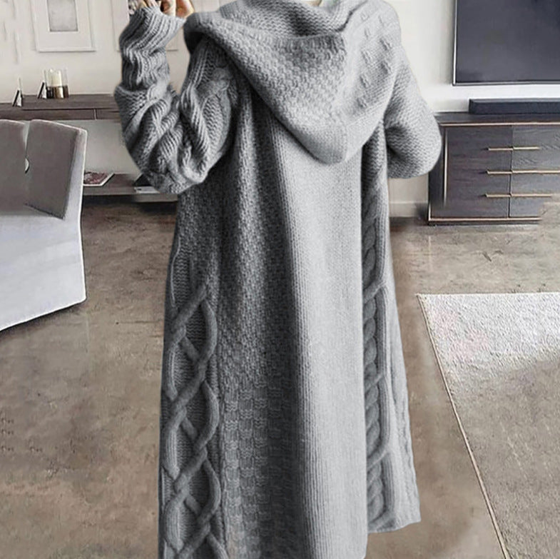 Women's knitted coat with hood and cable knit pattern NOVAE