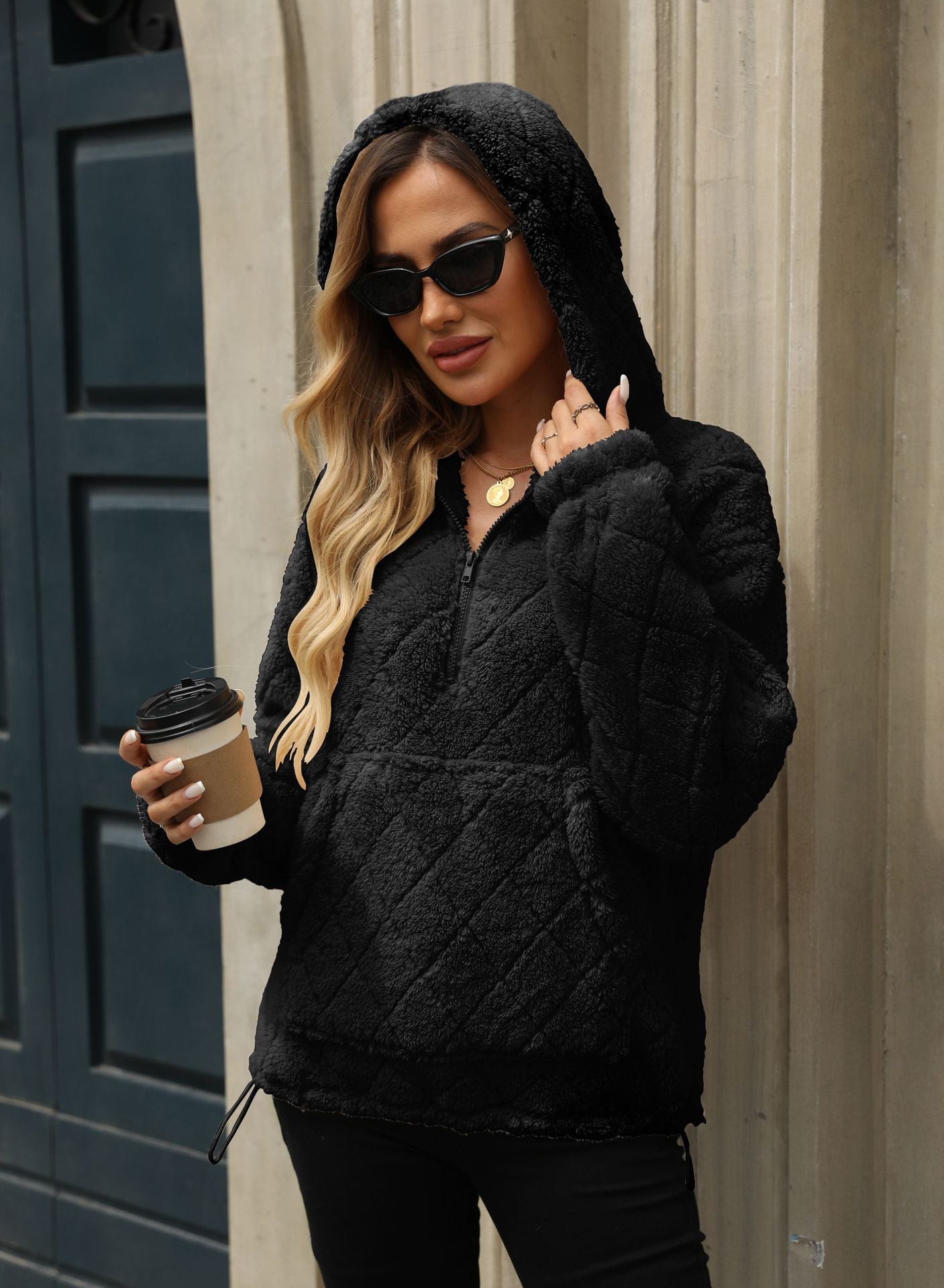 Women's Fluffy Hoodie with Stand-Up Collar and Kangaroo Pocket NOVAE