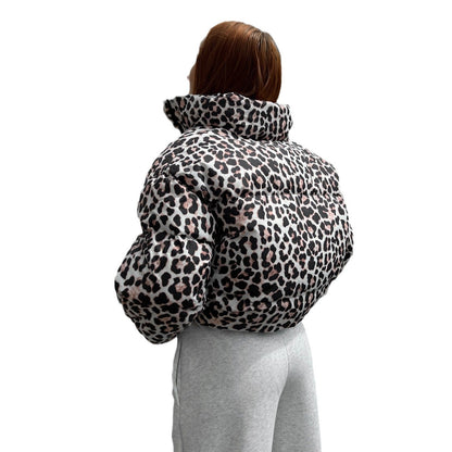 Women's stylish padded down jacket in fashionable leopard print NOVAE