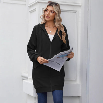Women's Long Hooded Jacket with Zipper and Practical Pockets NOVAE