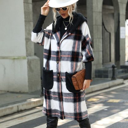 Women's plush plaid coat jacket with large pockets and casual design NOVAE