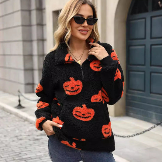 Women's plush sweater with Halloween motif and practical pockets NOVAE
