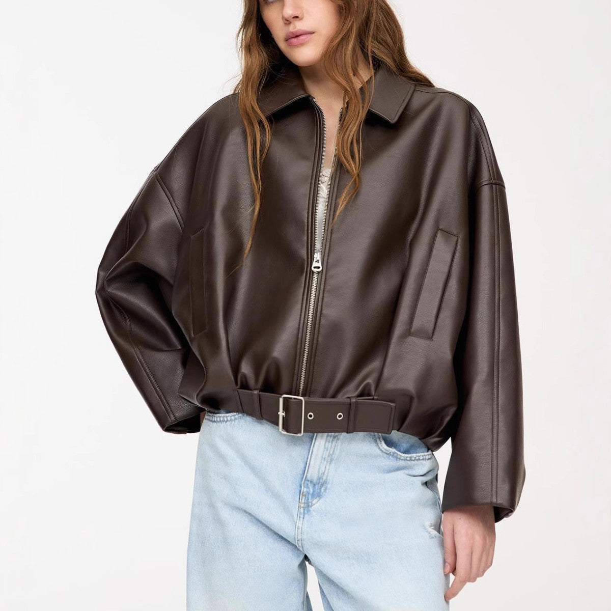 Women's casual faux leather jacket with wide collar and belt NOVAE