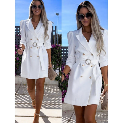 Women's blazer dress with elegant waistline and shiny button details NOVAE