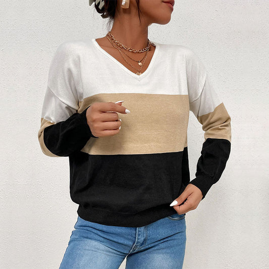 Women's V-neck sweater with striped design and casual cut NOVAE