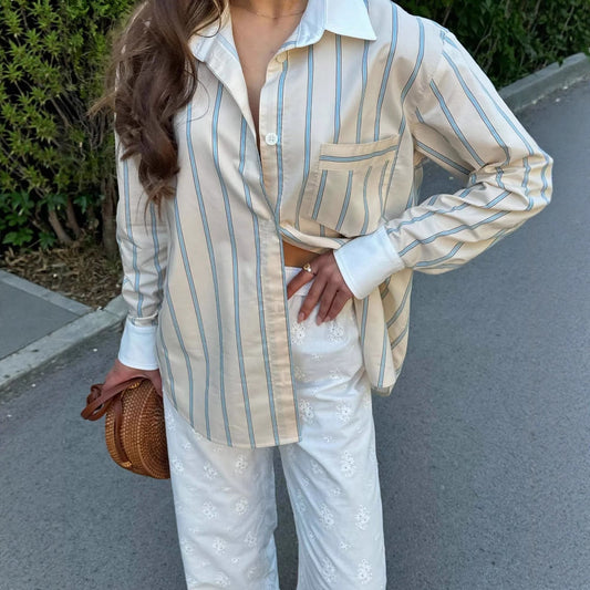 Women's elegant shirt blouse with fine stripes and classic button details NOVAE