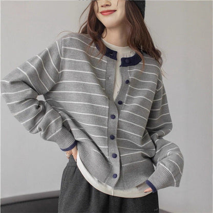 Women's cozy knit cardigan with a youthful striped pattern and practical button closure NOVAE