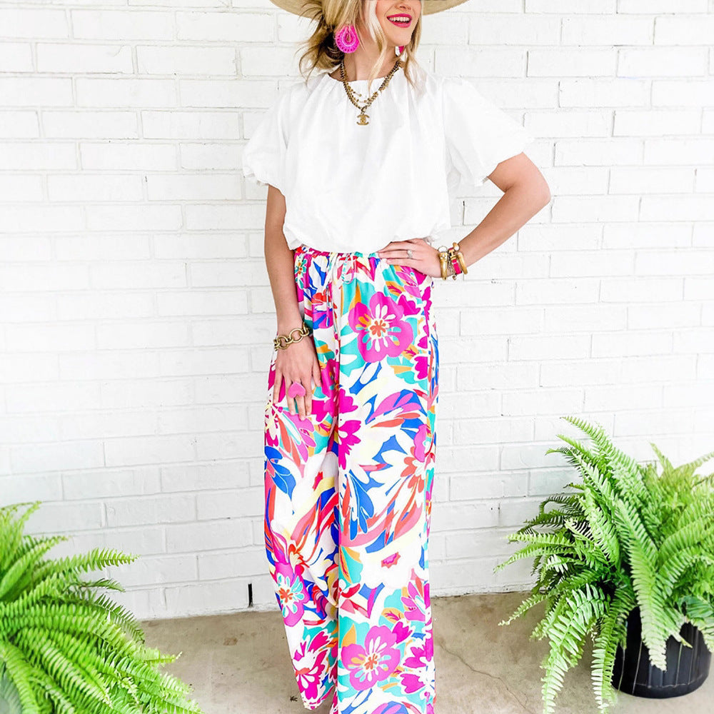 Women's Trendy Wide Leg Floral Print Trousers NOVAE