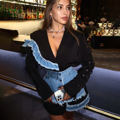 Women's fashionable two-piece set with asymmetrical design and fringed details NOVAE