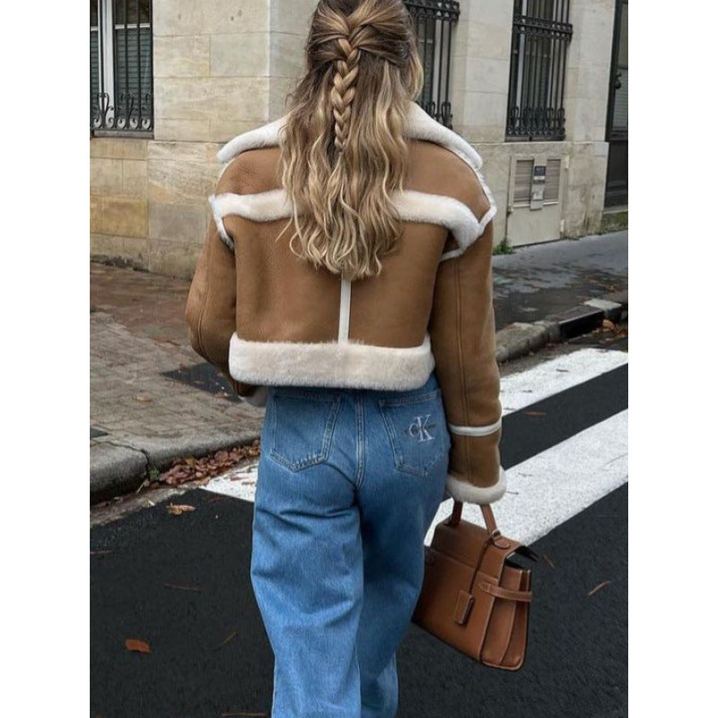 Women's short leather jacket with faux fur trim NOVAE