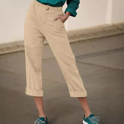 Women's Elegant Linen Trousers with Wide Leg and Turn-Up Hem NOVAE