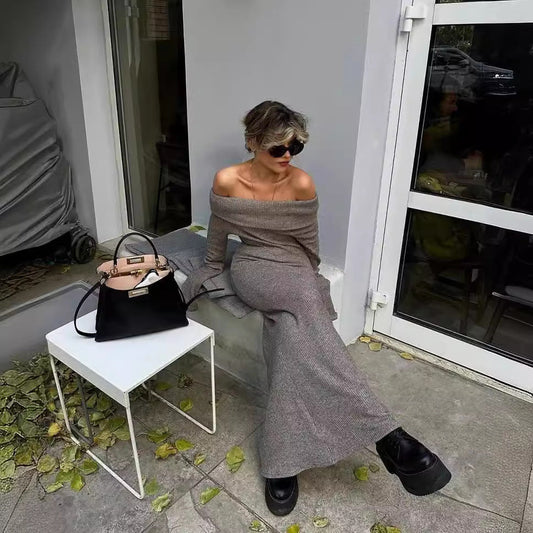Women's Elegant Knit Maxi Dress with Off-Shoulder Neckline and Figure-Hugging Cut NOVAE