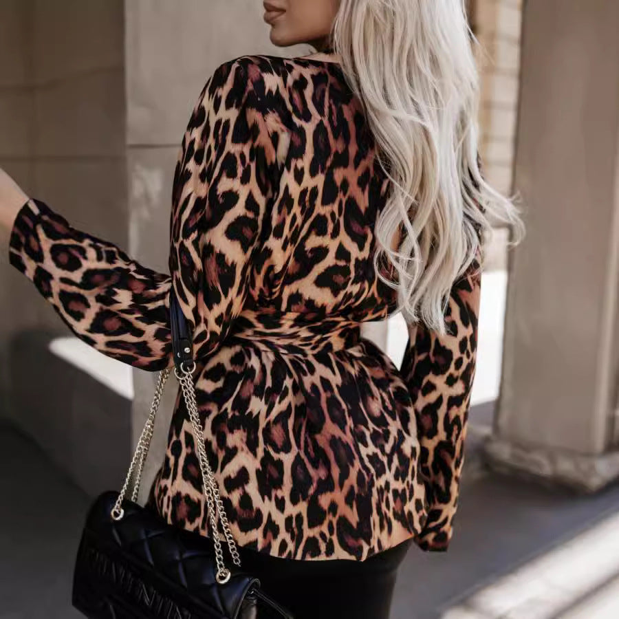 Women's blazer jacket with elegant leopard print and adjustable belt NOVAE