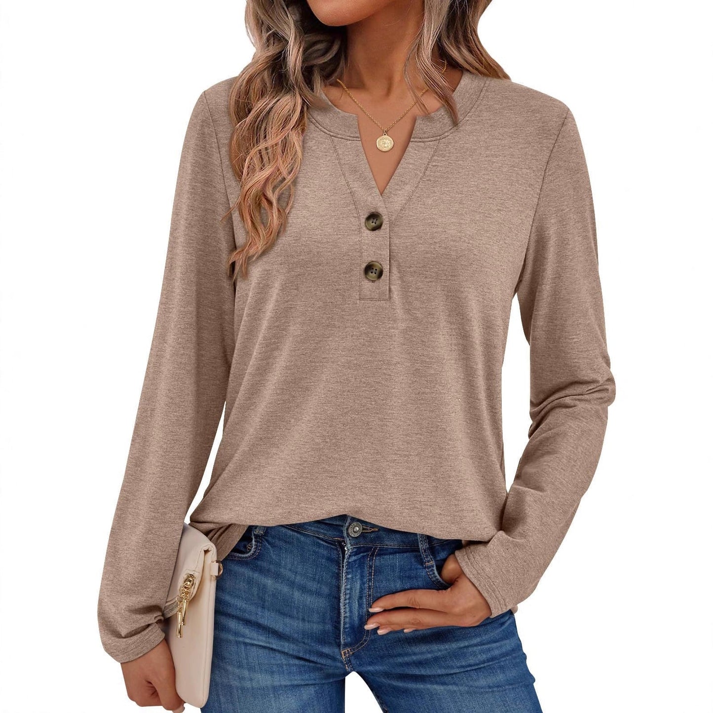 Women's casual long-sleeved shirt with button detail and round neckline NOVAE