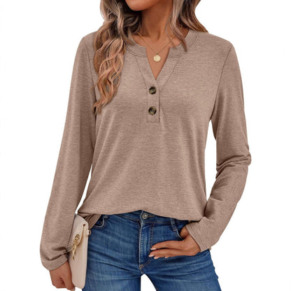 Women's casual long-sleeved shirt with button detail and round neckline NOVAE