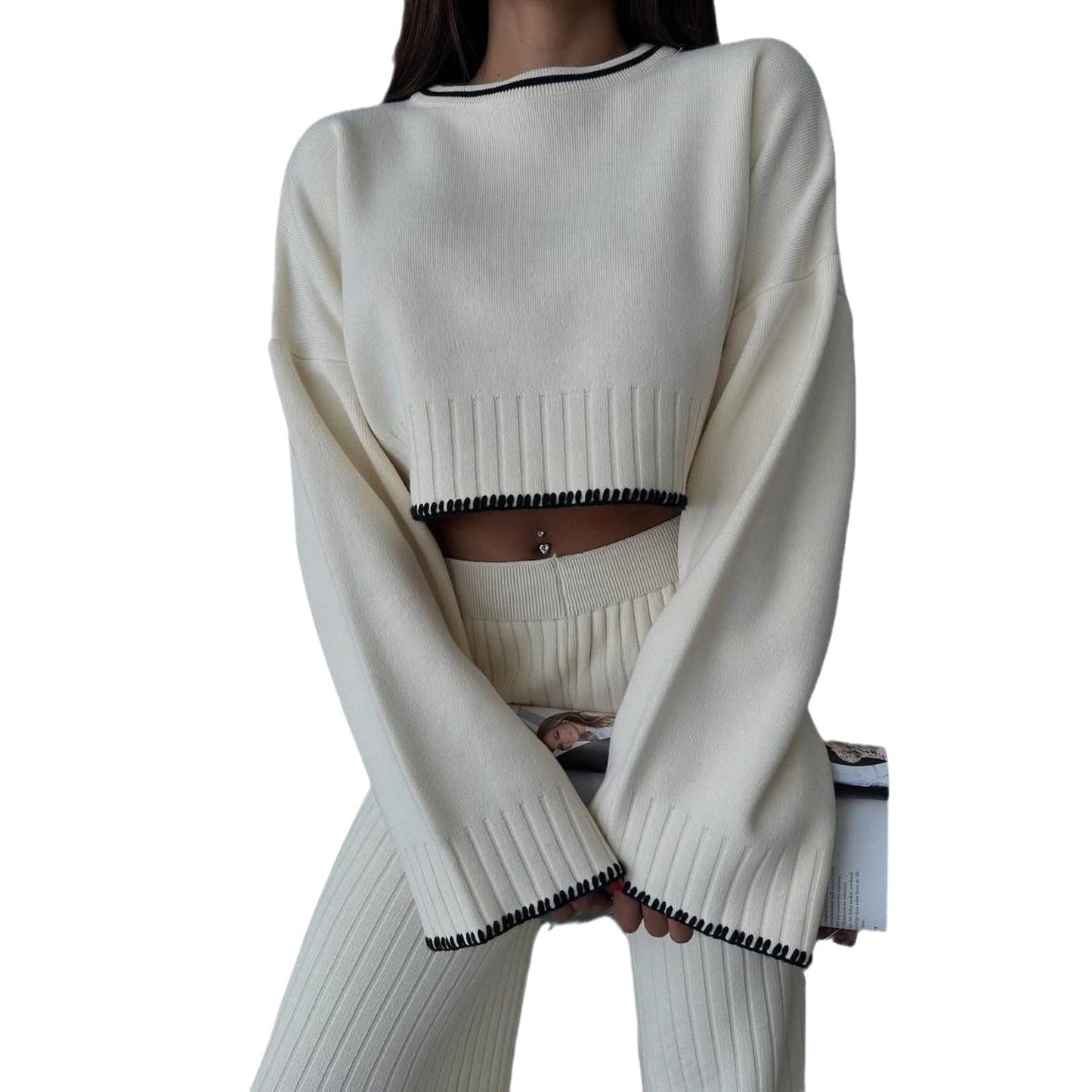 Women's cropped sweater and wide-leg trousers set with modern ribbed texture NOVAE
