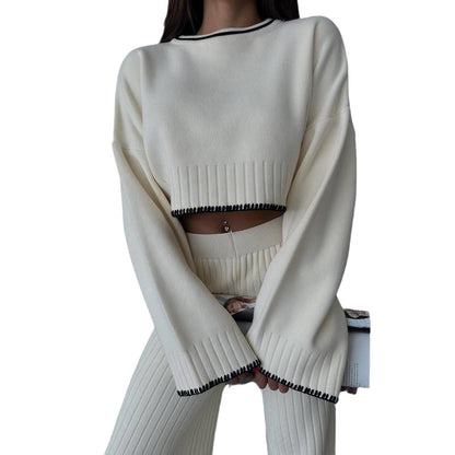 Women's cropped sweater and wide-leg trousers set with modern ribbed texture NOVAE