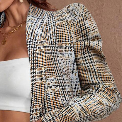 Women's fashionable blazer jacket with puff sleeves and check pattern NOVAE