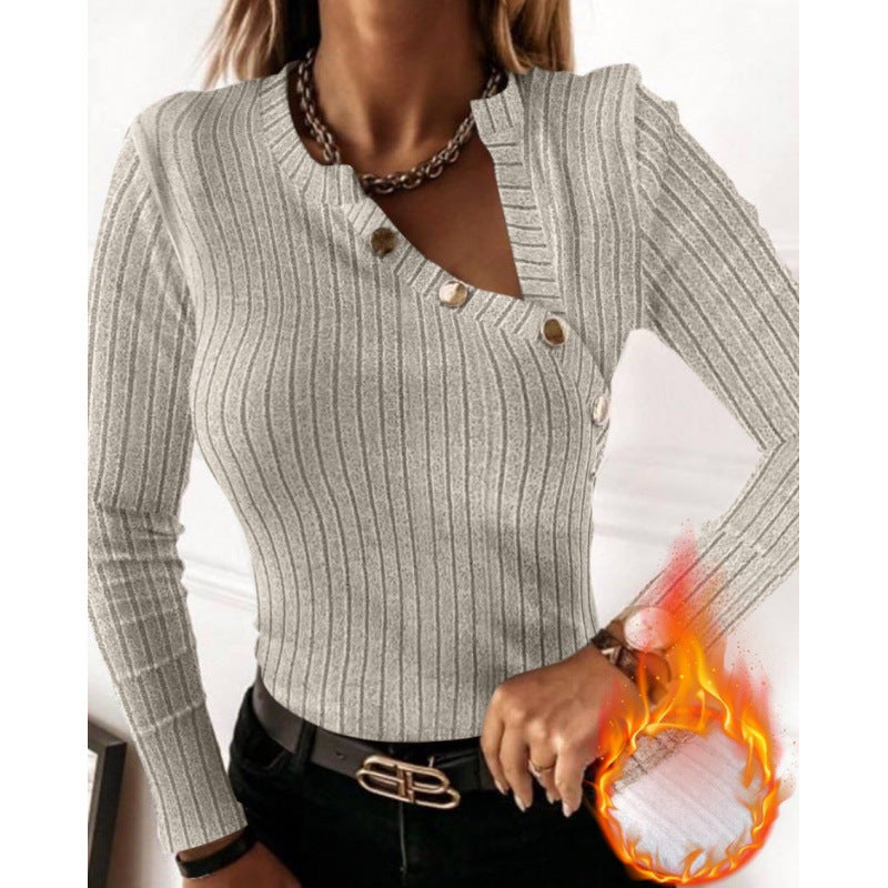 Women's long-sleeved shirt with fashionable button detail and ribbed texture NOVAE