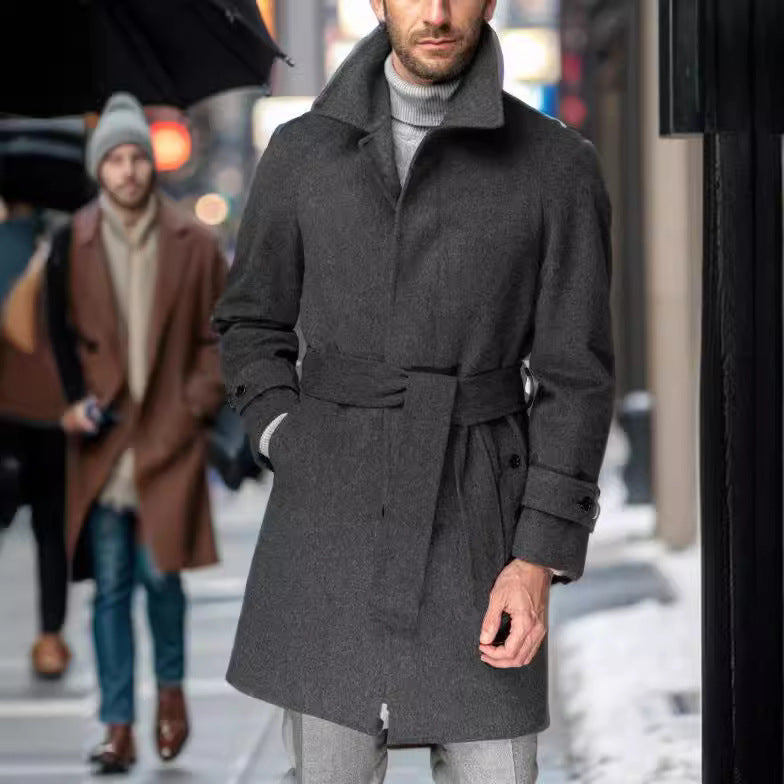 Men's fashionable wool trench coat with tie belt and large pockets NOVAE