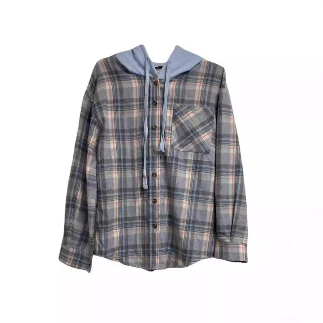 Women's nostalgic checked blouse with hood and button closure NOVAE