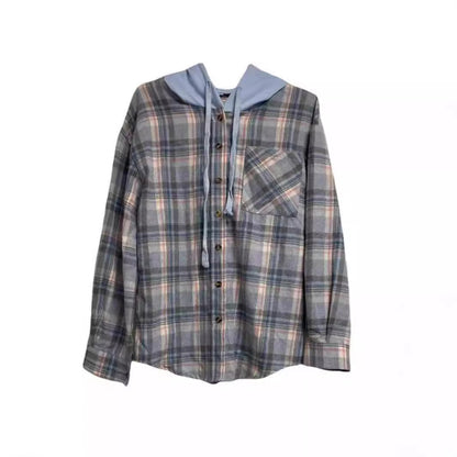 Women's nostalgic checked blouse with hood and button closure NOVAE