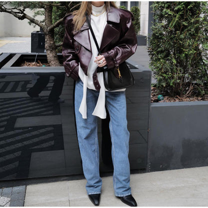 Women's trendy faux leather jacket with broad shoulders and classic collar NOVAE