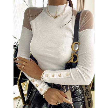 Women's long-sleeved shirt with sheer sleeves and button details NOVAE