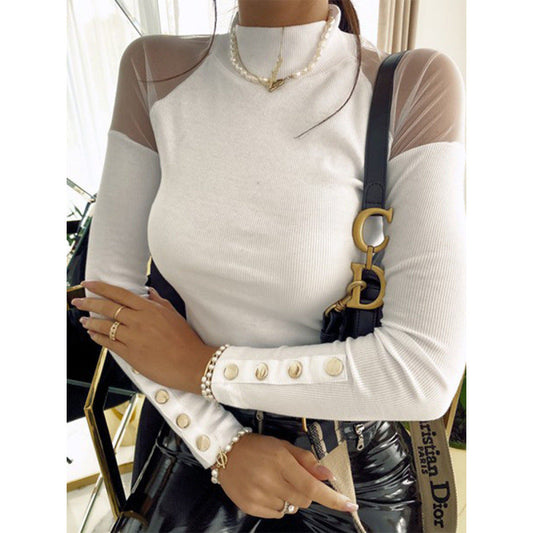 Women's long-sleeved shirt with sheer sleeves and button details NOVAE